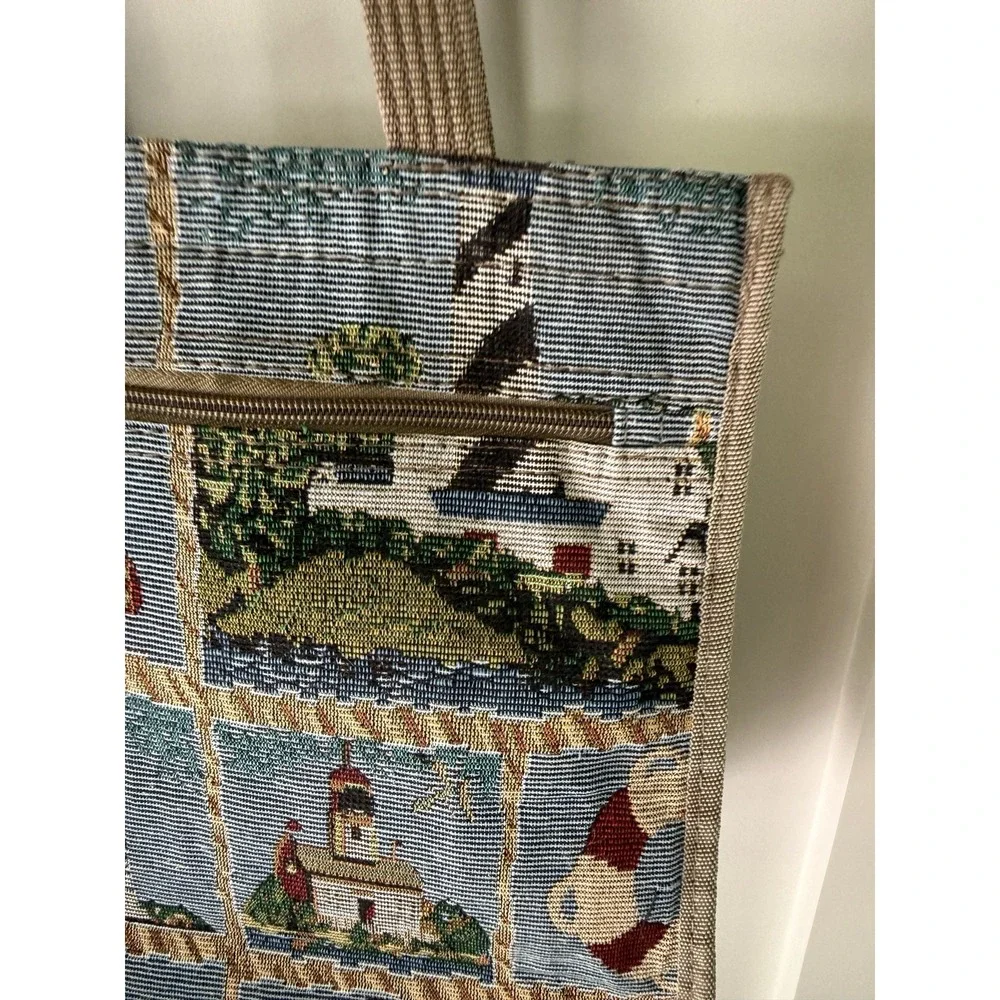 VTG Tapestry Tote Bag Nautical Lighthouse Costal Woven Shoulder Purse